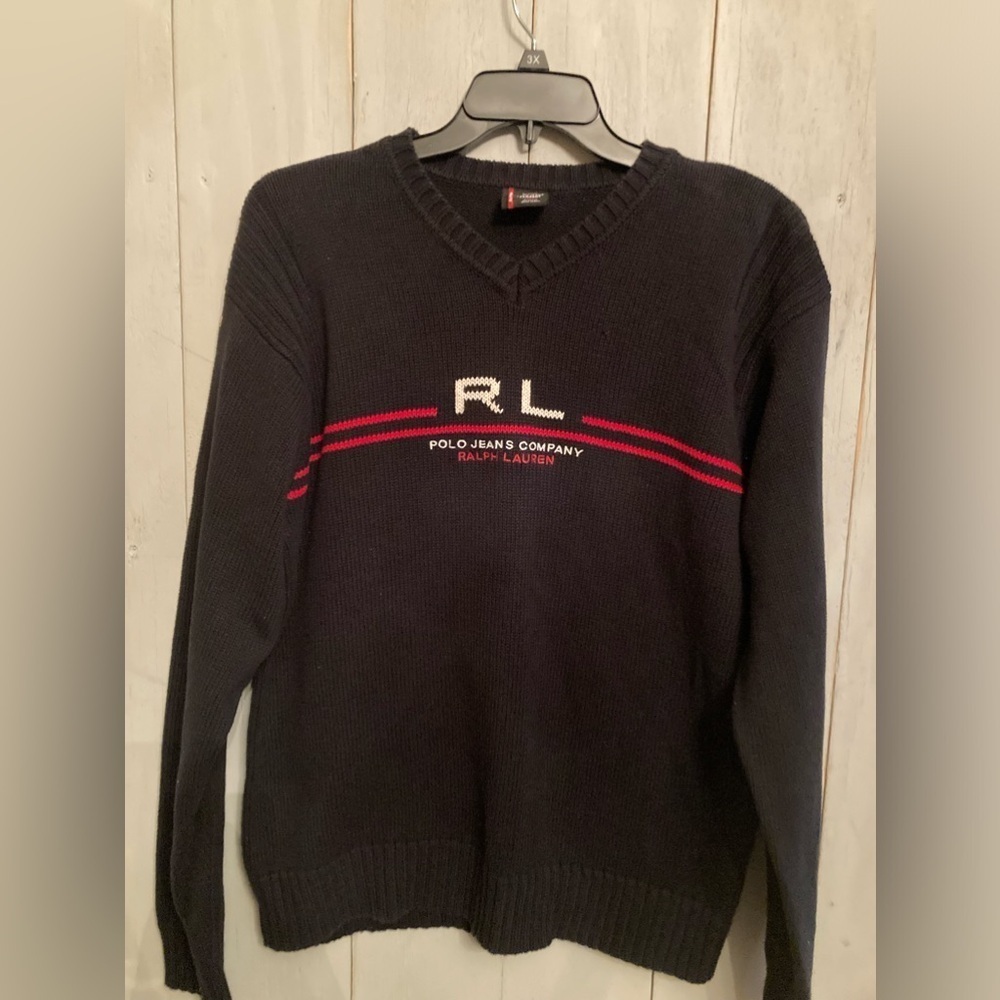 Polo Ralph Lauren RL Jeans‎ Company Logo Men's Large V Neck Sweater Cotton Black